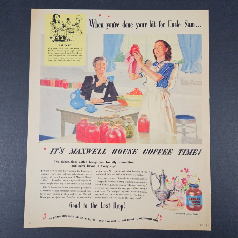 1944 Maxwell House Coffee Vintage Print Ad General Foods Women Canning Kitchen